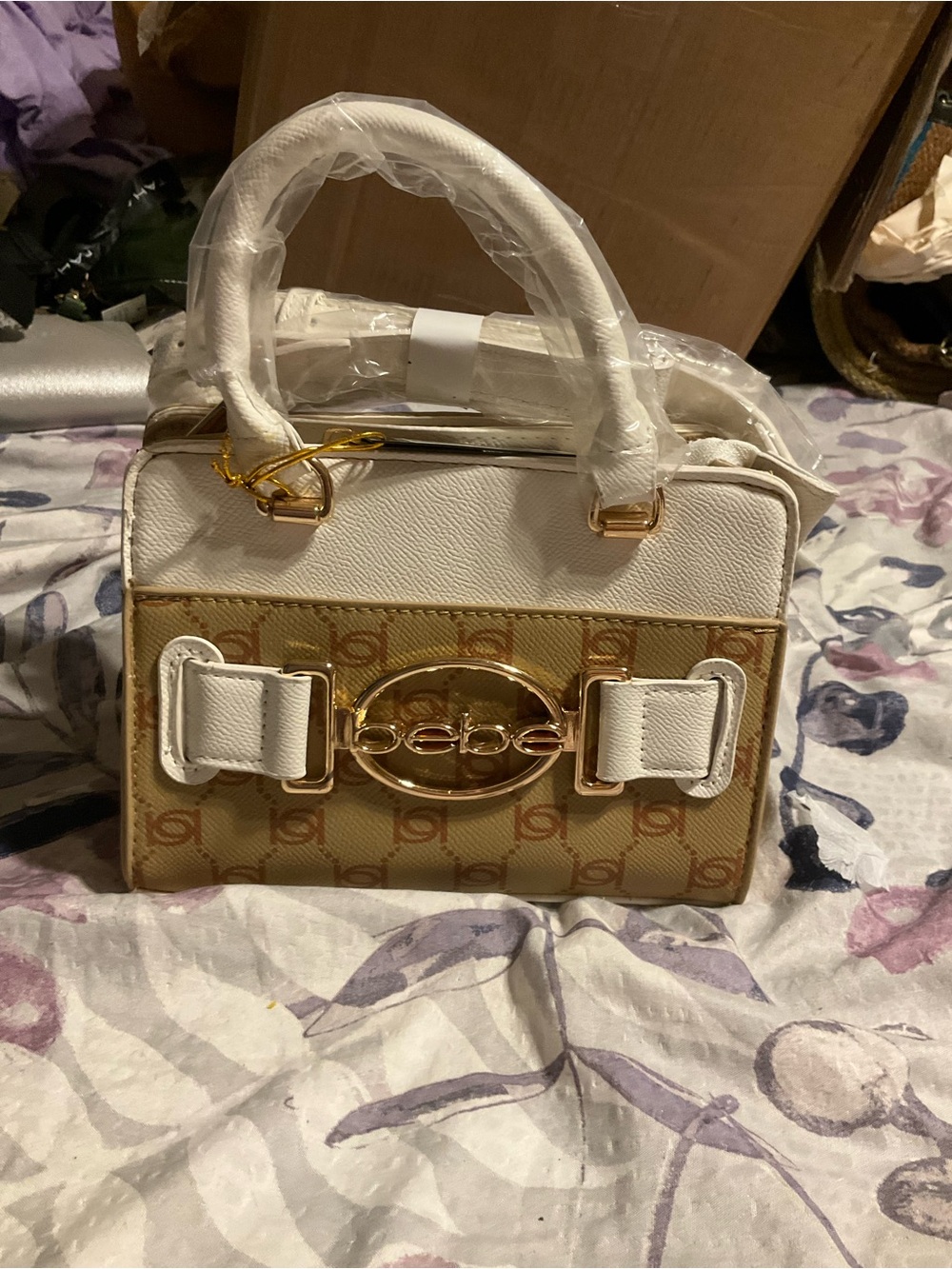 bebe White and Tan Logo Frame Satchel